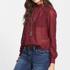 Free People After Midnight Sheer Long Sleeve Blouse Merlot Red‎ Womens Small